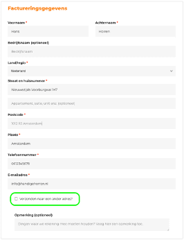 Handige Horren afwijkend afleveradres selecteren.